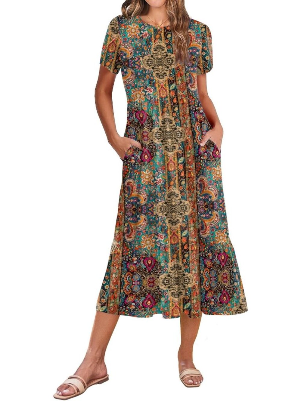 Summer Midi A-Line Dress with Pockets | Casual Flowy Tiered Beach Sundress